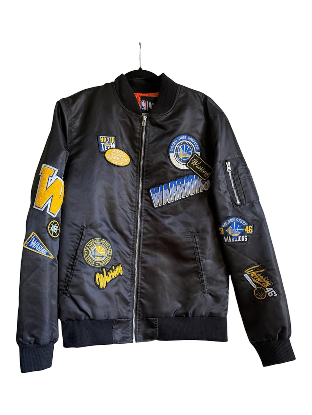 NBA Black Warriors Patch Bomber Jacket, Size M Excellent Condition